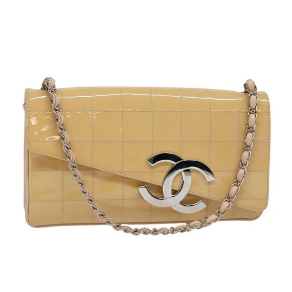 CHANEL Choco Bar Chain Shoulder Bag Patent leather Beige Silver CC Auth bs26215 - Picture 1 of 16